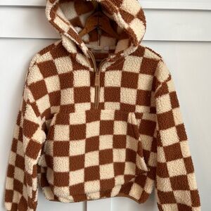 GAP Kids Brown And Cream Checkered Fleece Hooded Zip-Up